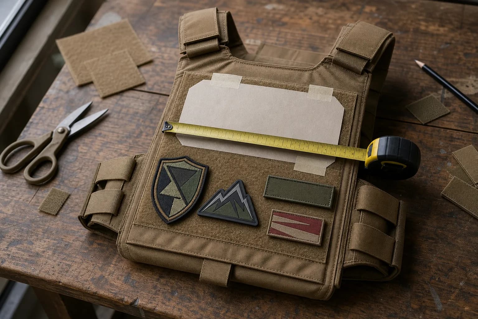 A coyote tan plate carrier lying flat on a workbench with a tape measure across its front loop panel, a paper template taped in place, and four custom patches laid out ready to attach.