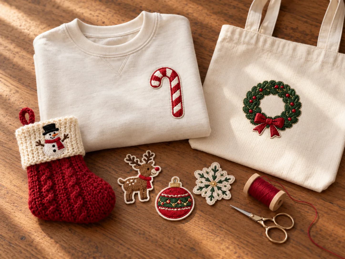 Custom Christmas patches on a cotton sweatshirt, a canvas tote, and a stocking