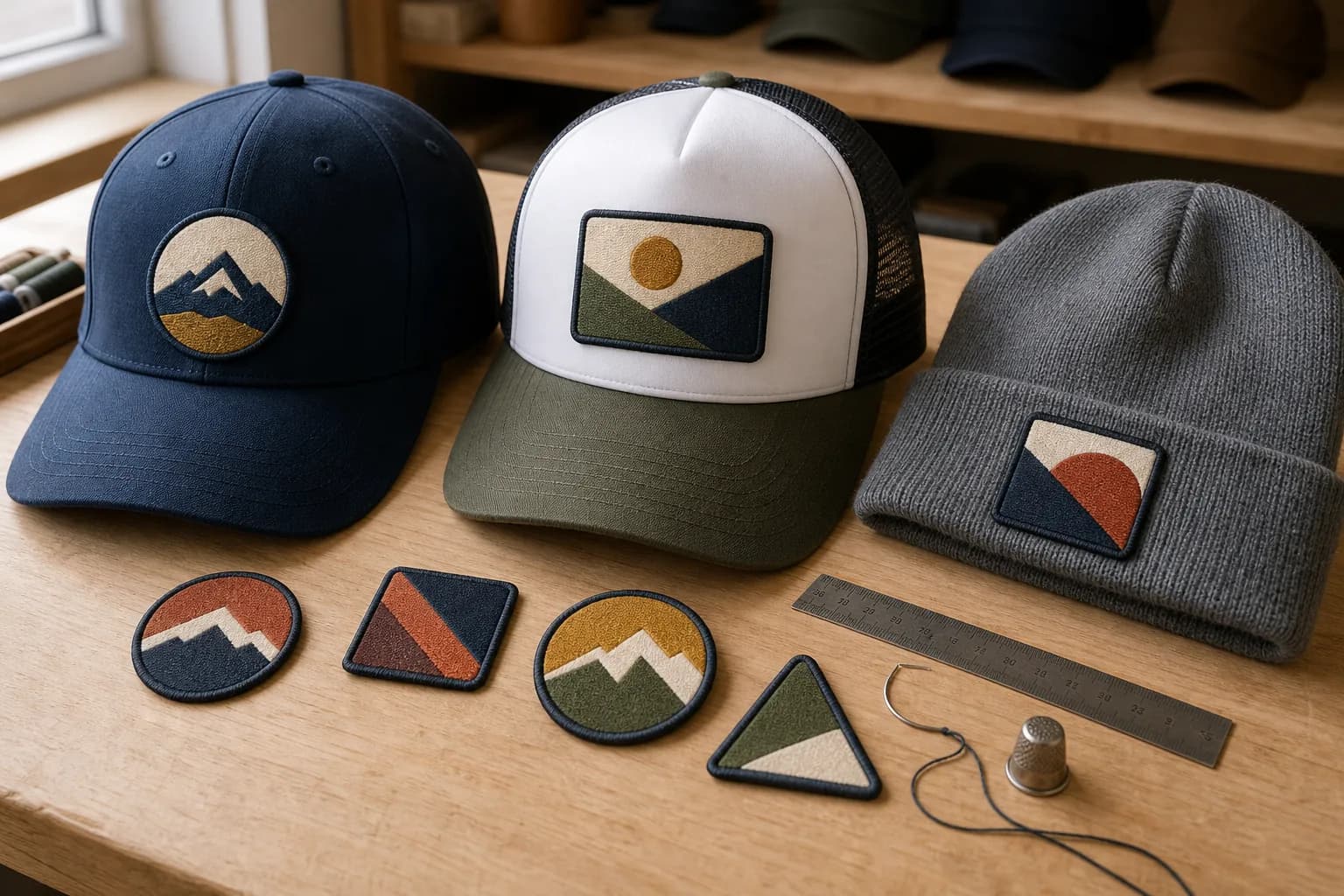 Navy baseball cap, white trucker cap and gray beanie with embroidered patches on a workbench, with a ruler, curved needle and thimble