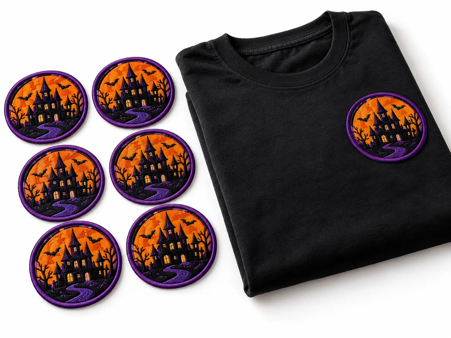 Six matching haunted-house patches beside a folded black staff t-shirt