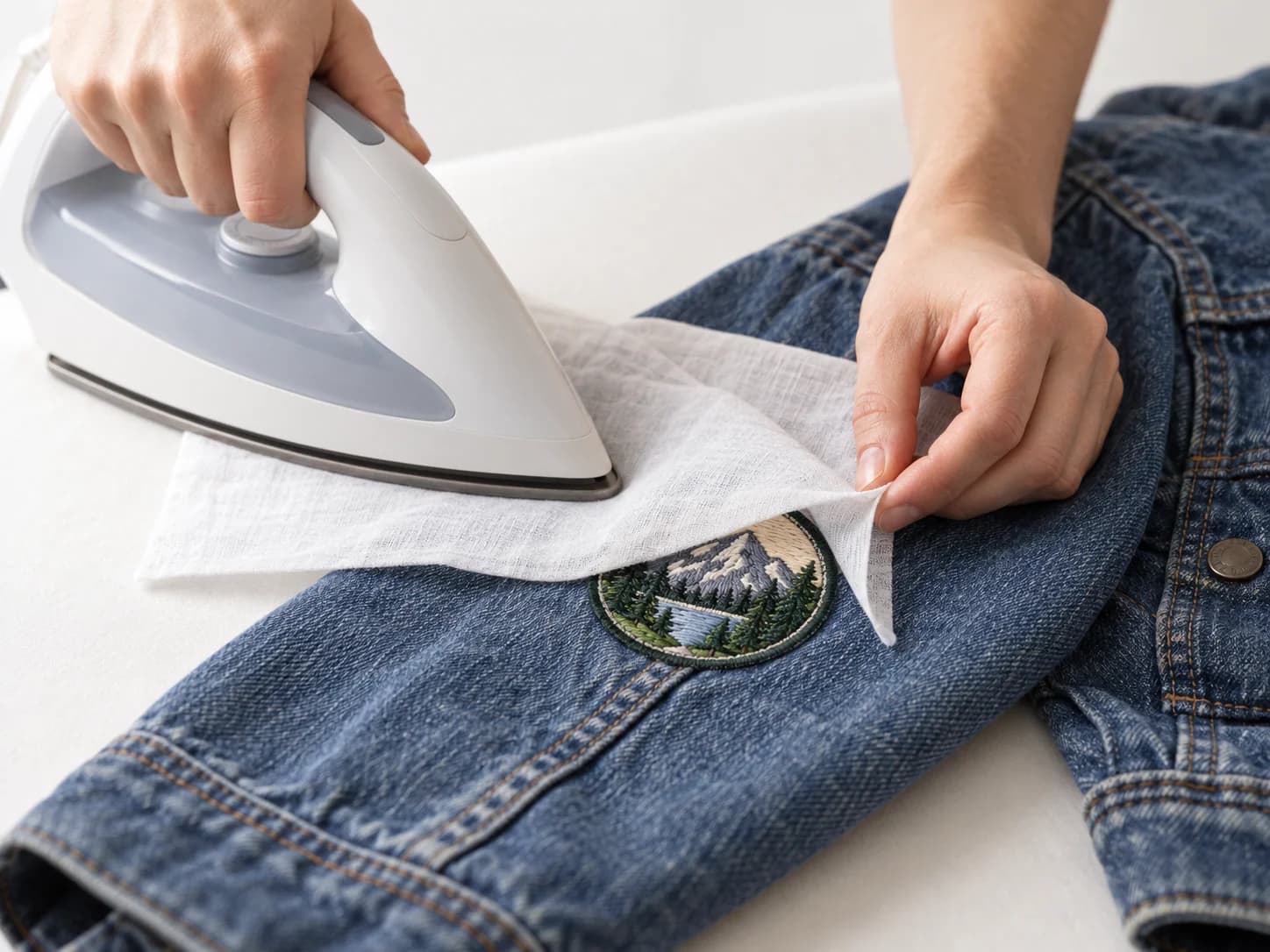 Hands using a household iron to apply an iron-on patch to a denim jacket sleeve