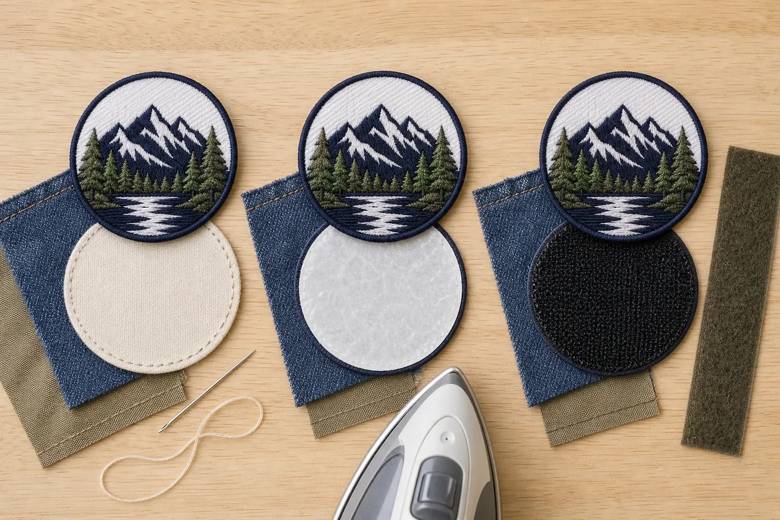 Three patches with sew-on, iron-on and Velcro backings laid out beside a needle, an iron and a loop panel.